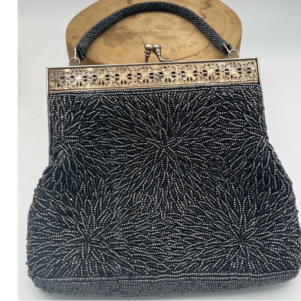 Vtg Beaded Blk Starburst Evening Bag Silver Filigree Kiss Lock Purse Mid century